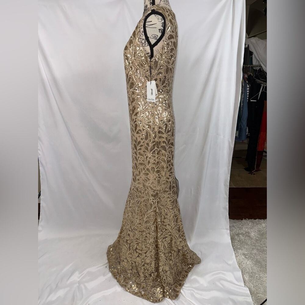NWT: Calvin Klein Long Formal Gold Sequin Lace Dress (v) - Picture 7 of 12